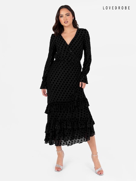 Lovedrobe Frill Hem Flock Tiered Midaxi Black Dress (E55237) | 259 QAR