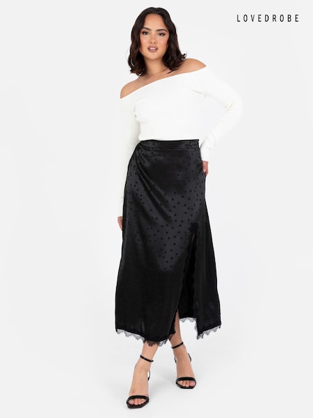 Lovedrobe Satin Lace Trim Split Hem Midaxi Black Skirt (E55242) | 158 LEI