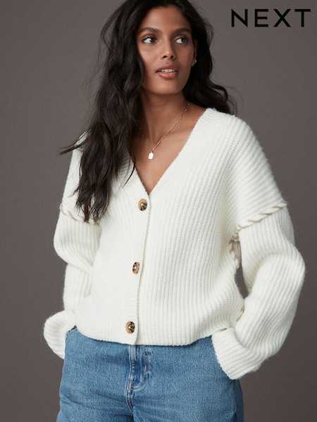 Bela Ecru - Contrast Stitch Button Up V-Neck Cardigan (E55254) | € 32