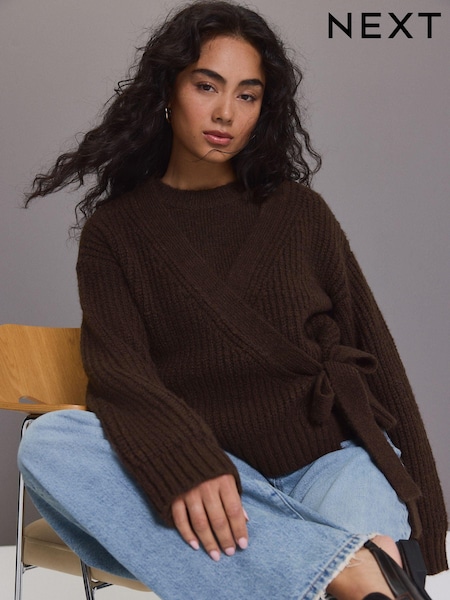 rjava - Long Sleeve Deep V-Neck Wrap Cardigan with Wool (E55255) | € 34