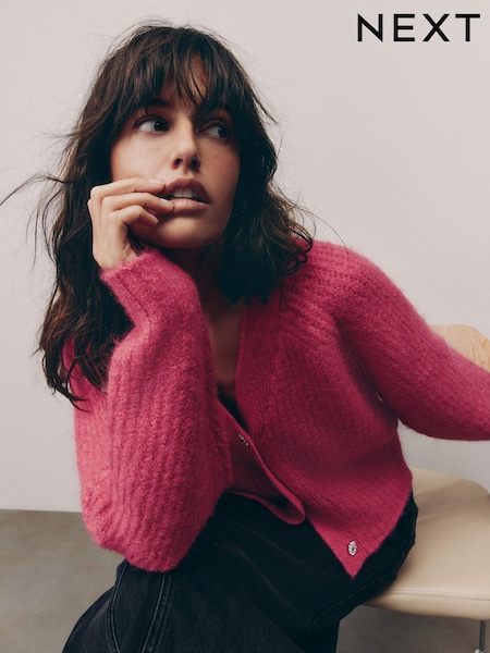 Pink Bright Gem Button Chunky Knitted Cardigan with Wool (E55261) | €32