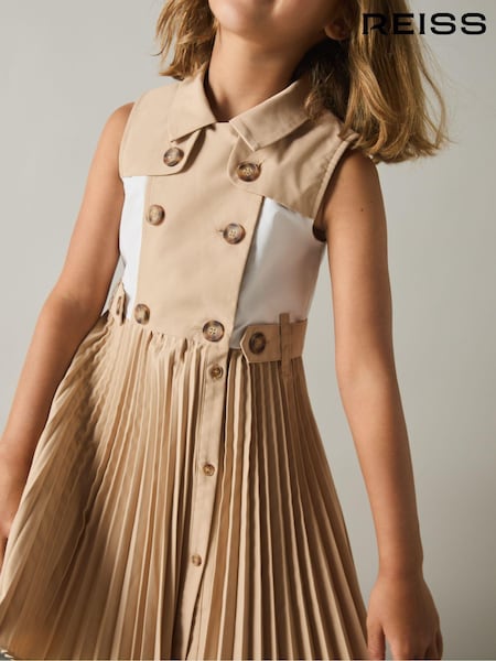 Reiss Camel Georgina 9-13 yrs Pleated Button-Front Dress (E55279) | 595 QAR