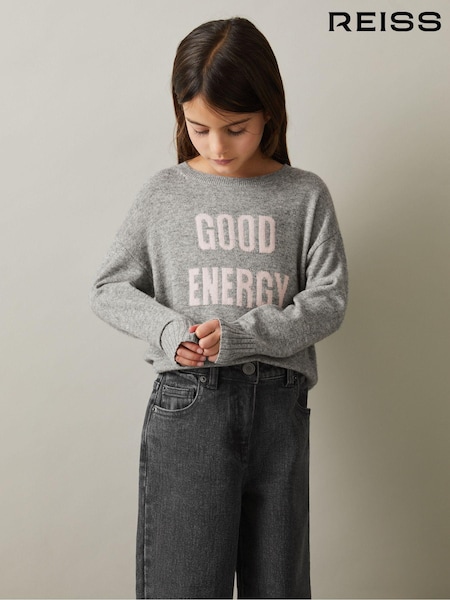 Reiss Grey Shelly 9-13 yrs Wool Blend Crew Neck Slogan Jumper (E55286) | €65