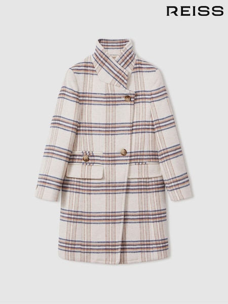Reiss Brown Claude 13-14 yrs Wool Blend Checked Asymmetric Funnel Neck Coat (E55295) | €80