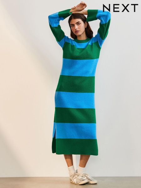 Blue Green Stripe Relaxed Soft Touch Crew Neck Midi Knitted Jumper Dress (E55312) | $67
