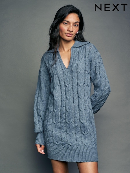 Blue Chambray Knitted Cable Mini Dress with Wool (E55320) | €46