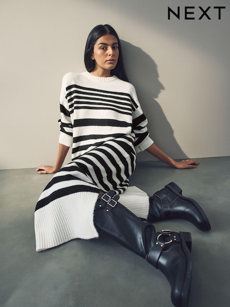 Black White Relaxed Soft Touch Crew Neck Midi Knitted Jumper Dress (E55322) | €27