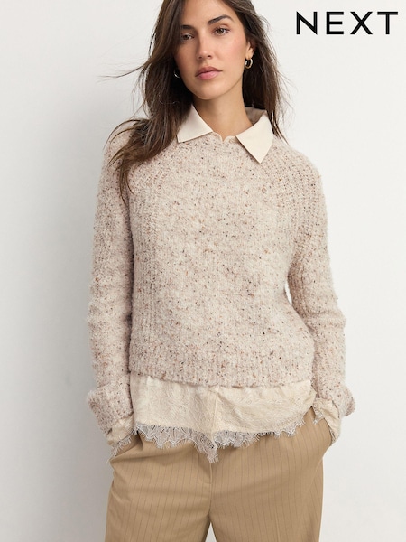 ניטרלי - Lace Layer Collared Knitted Jumper (E55330) | ‏164‏₪