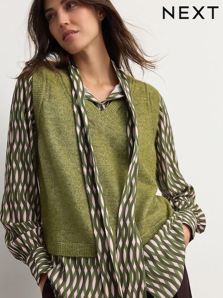 Green Khaki Tie Bow Collared Knitted Layer Tank Shirt with Wool (E55332) | €35