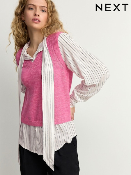 Pink Tie Bow Collared Knitted Layer Tank Shirt with Wool (E55333) | €35