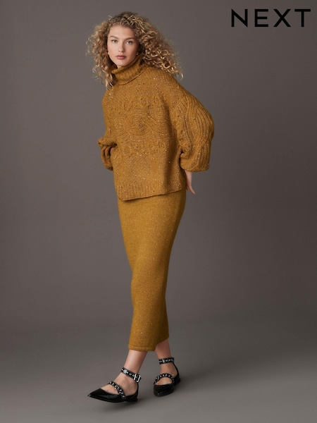 Green Olive Neppy Knitted Column Midi Skirt with Wool (E55381) | €15