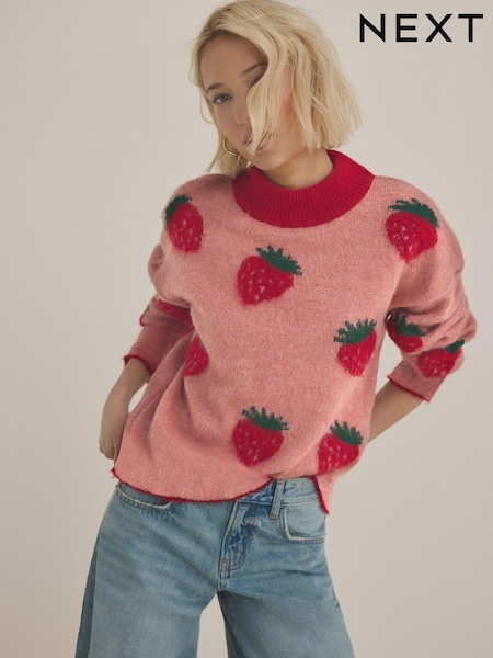 Pink Strawberry Patterned Knitted Crew Neck Jumper (E55407) | € 39