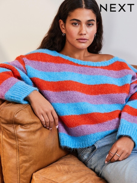 Blue Soft Touch Bardot Off The Shoulder Knitted Jumper with Alpaca (E55412) | kr485