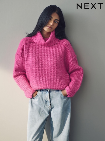 Pink Chunky Rib High Roll Neck Knitted Jumper with Alpaca (E55413) | € 40