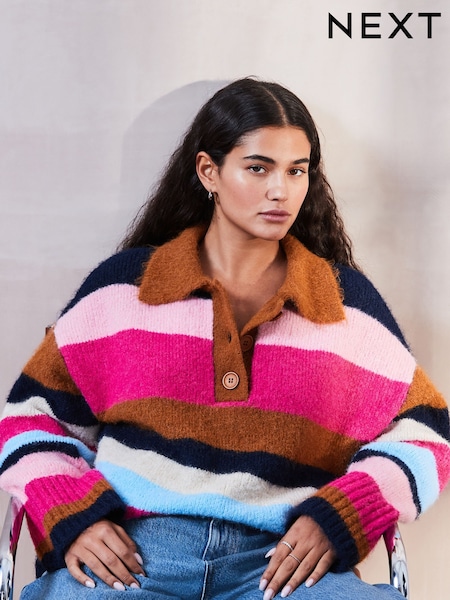 Multi Bright Stripe Collared Polo Knitted Jumper with Wool (E55416) | 1,413 UAH