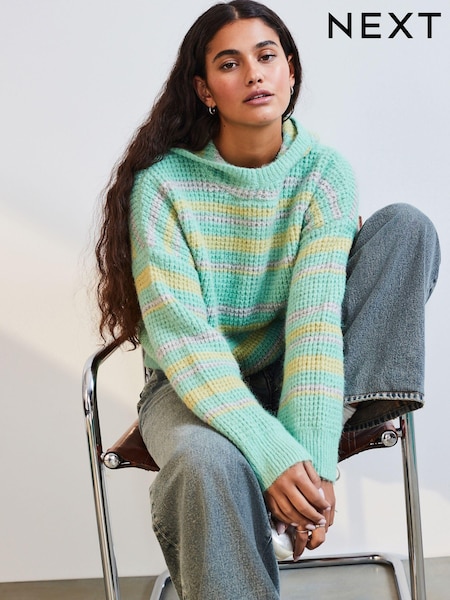 Green Stripe Relaxed Stitch Knitted Hoodie (E55420) | €21