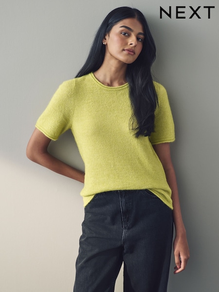 Green Lime Short Sleeve Crew Neck Knitted T-Shirt With Wool (E55425) | €19