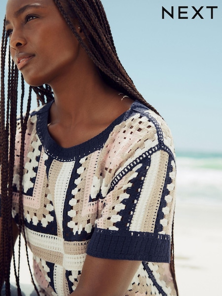 Sininen kuvio - Lyhyt hiha Crochet Pyöreä kaula-aukko T-paita (E55426) | €40