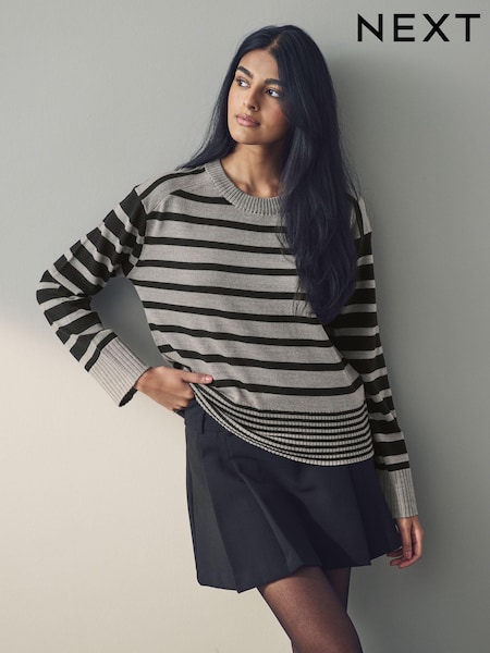 Black Grey Stripe Soft Touch Pattern Knitted Cosy Crew Neck Jumper (E55433) | 883 UAH