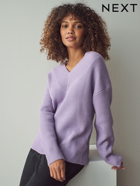 Purple Lilac Relaxed Fit Ribbed V-Neck Knitted Jumper (E55434) | € 16