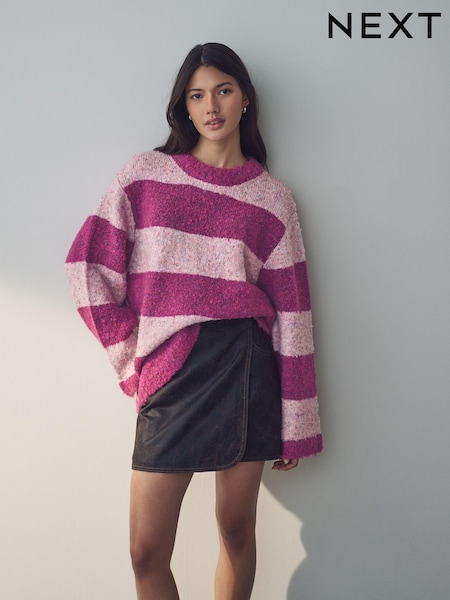 Pink Stripe Boucle Knitted Crew Neck Jumper with Wool (E55453) | €27