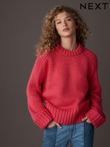 Pink Bright Chunky Cuff Sleeve Crew Neck Jumper With Wool (E55457) | $68