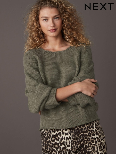 Green Khaki Scoop Neck Knitted Jumper with Wool (E55460) | $31