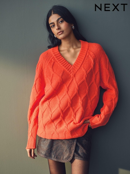 برتقالي - Cable Knitted Longline V-Neck Tunic Jumper with Wool (E55467) | ‏90 د.إ.‏