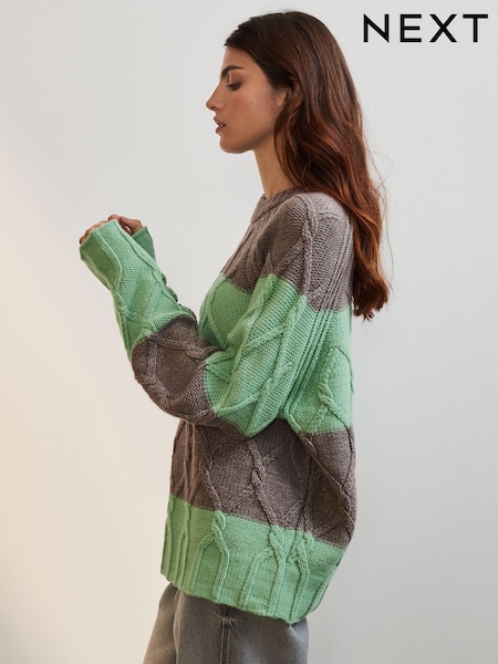 Mint Green Crew Neck Cable Knitted Jumper With Wool (E55468) | €19
