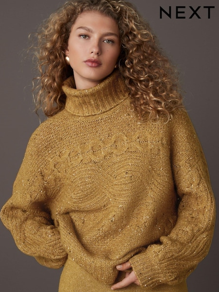 Yellow Mustard Co-ord Neppy High Roll Neck Knitted Jumper with Wool (E55472) | $34
