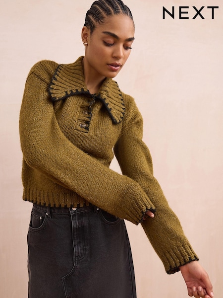 Green Olive Knitted Polo Jumper with Stitch Collar Detail (E55482) | AED84