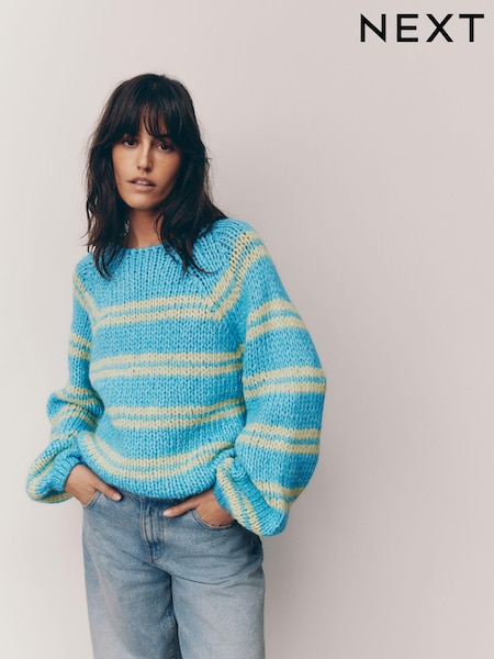 Blue Green Stripe Oversized Soft Touch Scoop Neck Chunky Knitted Jumper (E55485) | €22