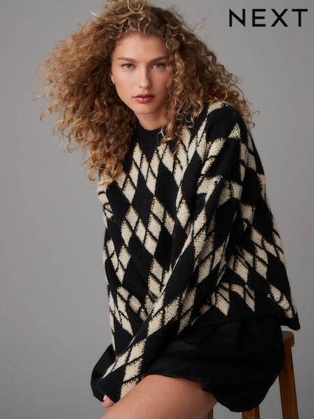 שחור - Argyle Pattern Knitted Jumper (E55486) | ‏140‏₪