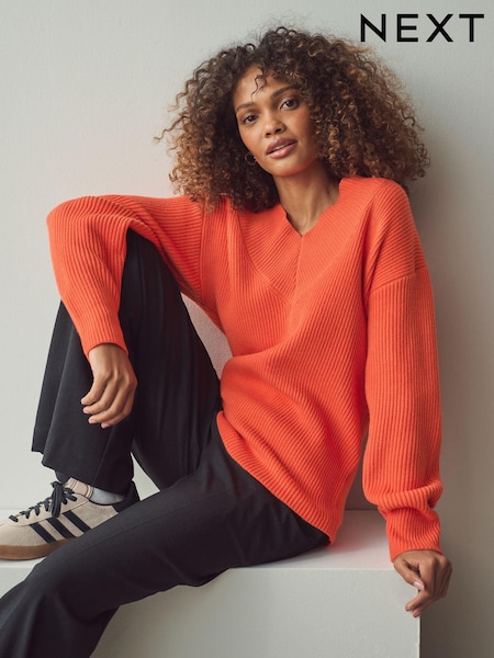 Orange Relaxed Fit Ribbed V-Neck Knitted Jumper (E55490) | €21