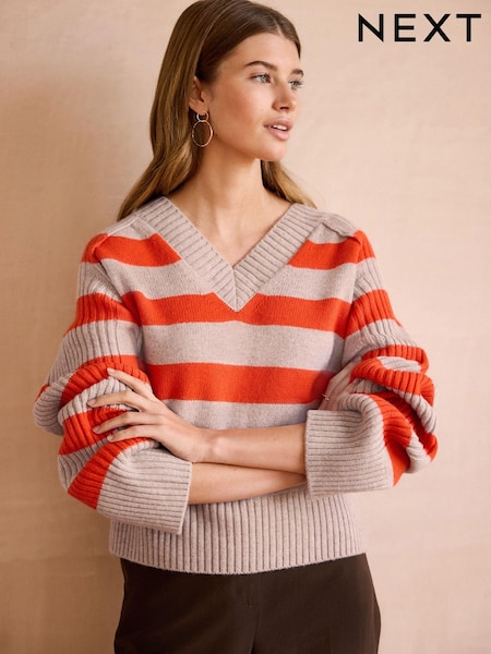 Orange Neutral Stripe Premium V-Neck Jumper (E55498) | kr969