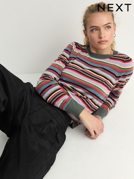 Multi Bright Stripe Crew Neck Long Sleeve Pattern Knitted Jumper (E55502) | R427