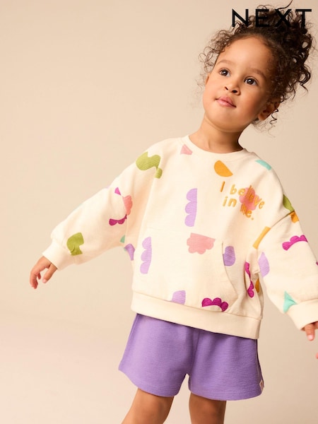 Cream/Purple 100% Cotton Sweatshirt and Shorts Set (3mths-7yrs) (E55505) | €17 - €22