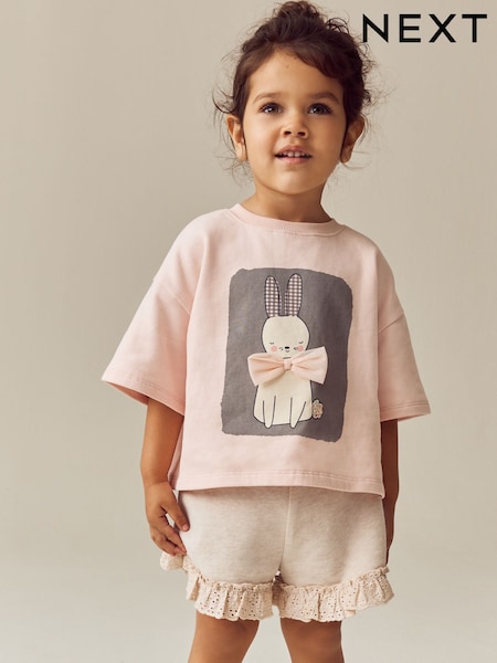 Różowy - Bunny 100% Cotton Top & Shorts Set (3mths-7yrs) (E55507) | 85 zł - 110 zł