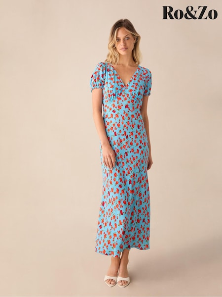 Ro&Zo Blue Leopard Print Puff Sleeve Midi Dress (E55559) | €0