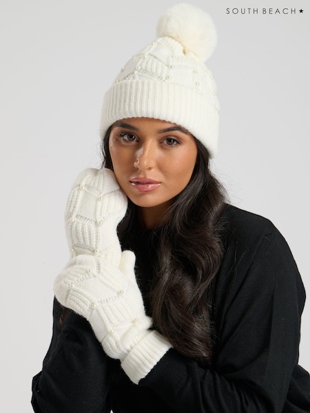 South Beach Cream Pearl Embellished Faux Fur Pom Hat And Matching Embellished Mittens Set (E55568) | €17