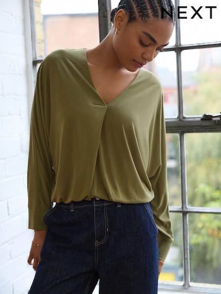 Olive Green Long Sleeve V-Neck Bubblehem Blouse (E55675) | 1,131 UAH