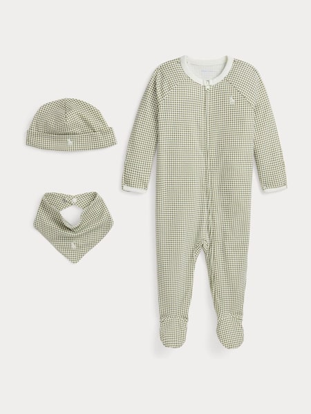 Polo Ralph Lauren Baby Beige Houndstooth 100% Cotton Print 3 Piece Gift Set (E55686) | 455 LEI