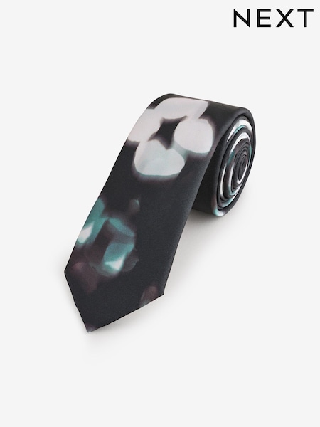 Black Mono Floral Skinny Slim Tie With Chain Keeperloop (E55745) | €7