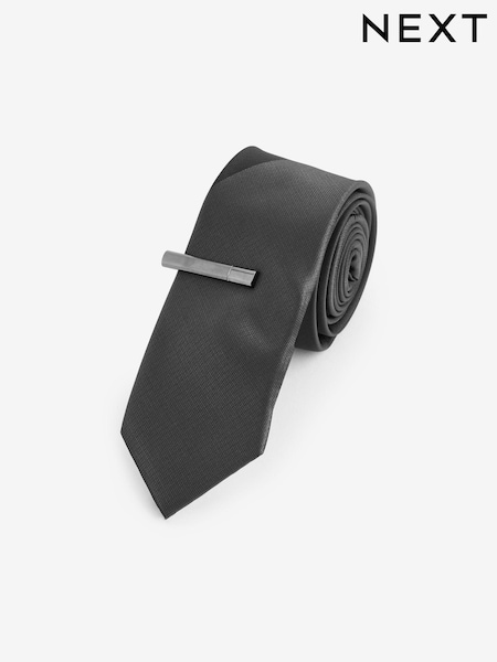 Black Slim Tonal Tie And Tie Clip (E55752) | AED35