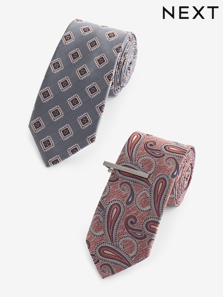 Gray Medallion/ruosteenpunainen Oranssi Paisley-kuvio - Design Ties And Clips 2 Pack (E55760) | €30