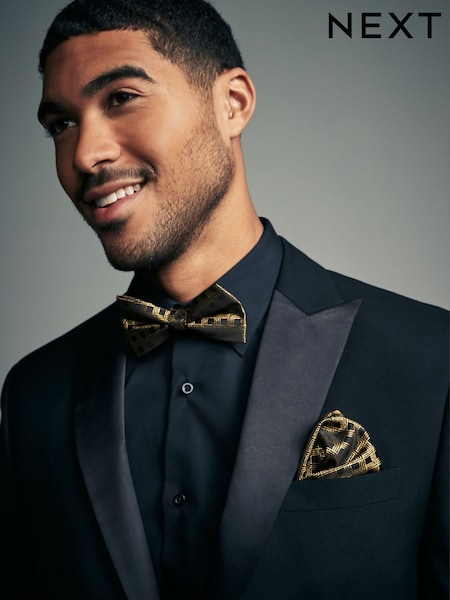 Schwarz/Gold, Geometrische Muster mit Glitzer - Bow Tie And Pocket Square Set (E55768) | 12 €