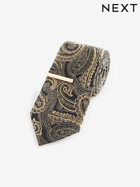Black/Yellow Gold Paisley Slim Design Tie And Clip (E55775) | 39 QAR