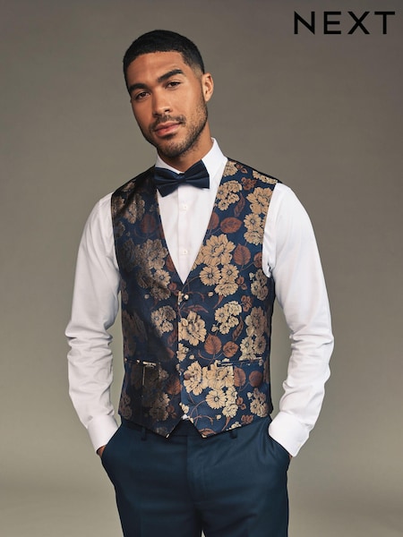 Navy Blue/Gold Floral Regular Fit Occasion Waistcoat (E55815) | SGD 97
