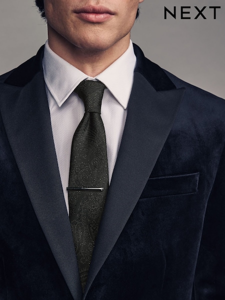 Black Glitter Paisley Slim Design Tie And Tie Clip (E55817) | 55 QAR