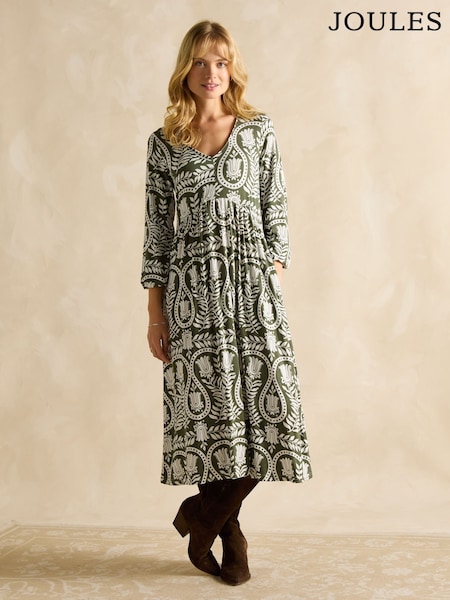 Joules Nia Khaki Green V-Neck Long Sleeve Midaxi Dress (E55987) | €60